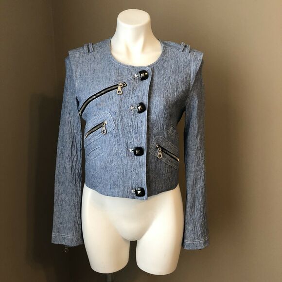 Bensoni Linen Jacket 0 Moto / Biker Cropped Light Blue Pockets Lined - Picture 2 of 12